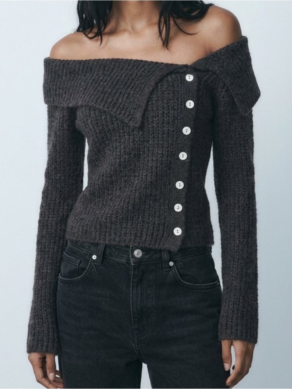 Zara Off the Shoulder Asymmetric Button Shawl Collar Wool Cardigan Gray NWT-L